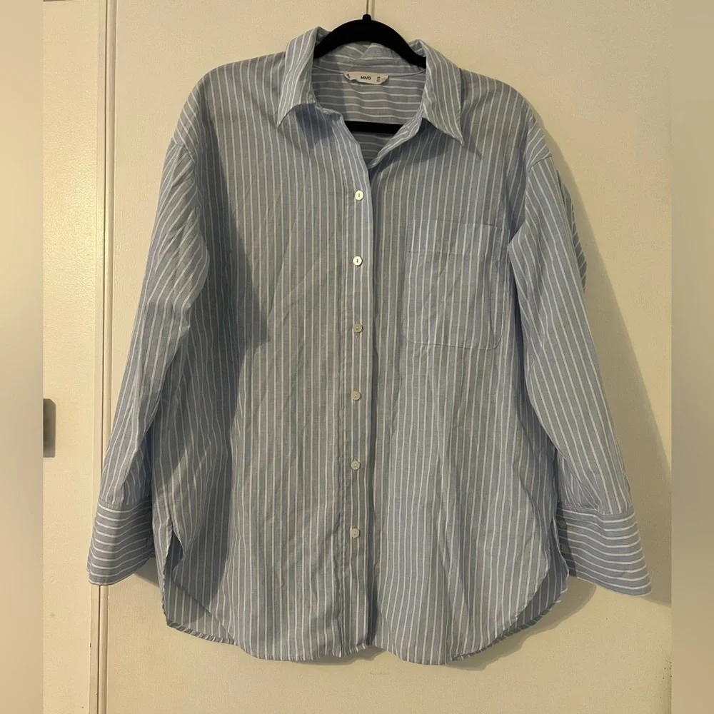MNG button down blue white stripped shirt size L (J134) - Picture 1 of 12